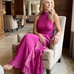 Pink high-neck gathered ruffle layers maxi dress, sleeveless halter and draped skirt