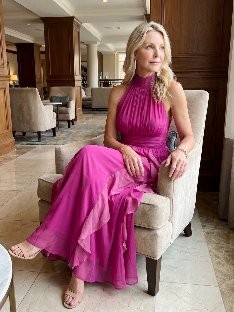 Pink high-neck gathered ruffle layers maxi dress, sleeveless halter and draped skirt