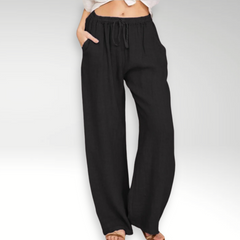 Pantaloni comodi a gamba larga neri in tessuto leggero con vita elasticizzata e coulisse