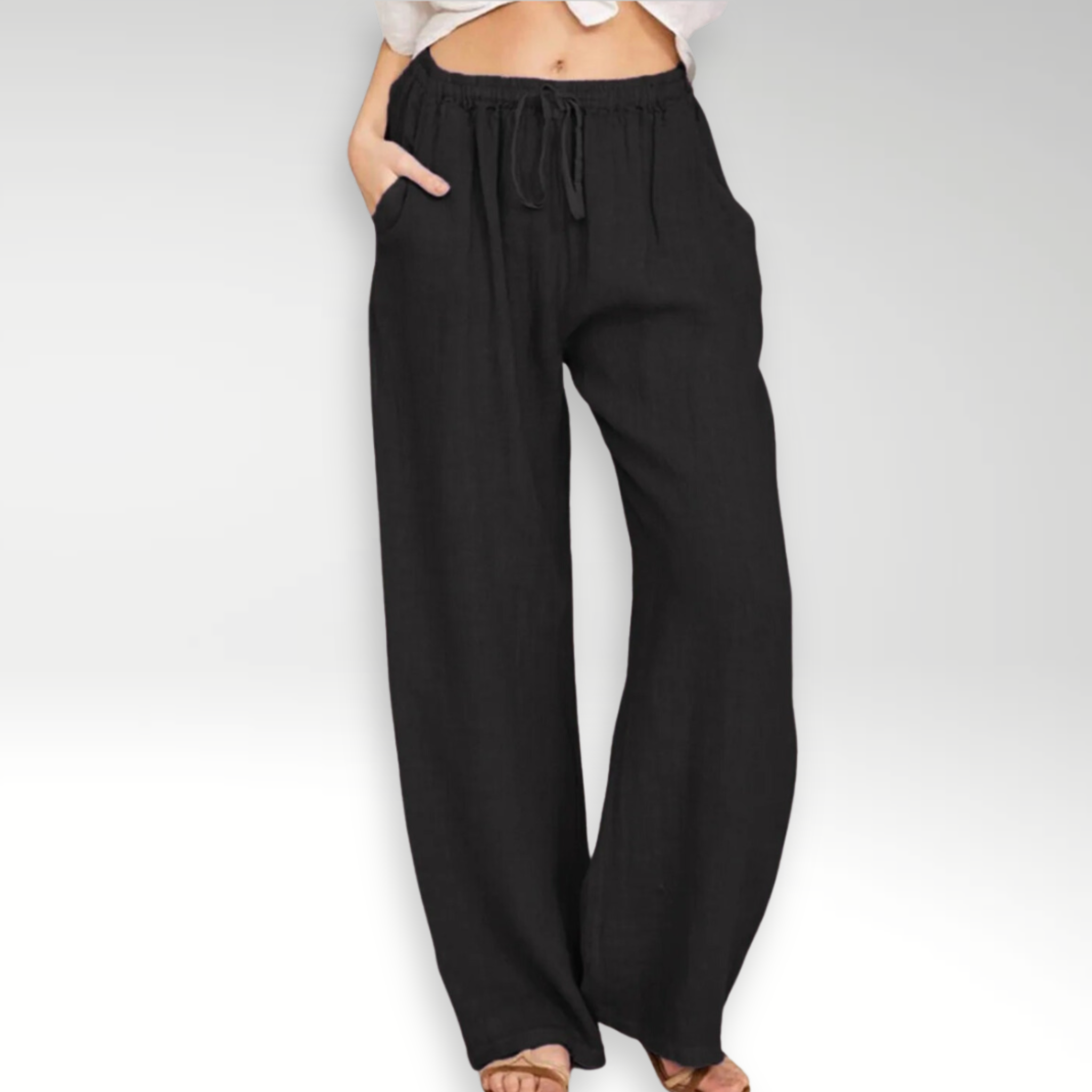 Pantaloni comodi a gamba larga neri in tessuto leggero con vita elasticizzata e coulisse