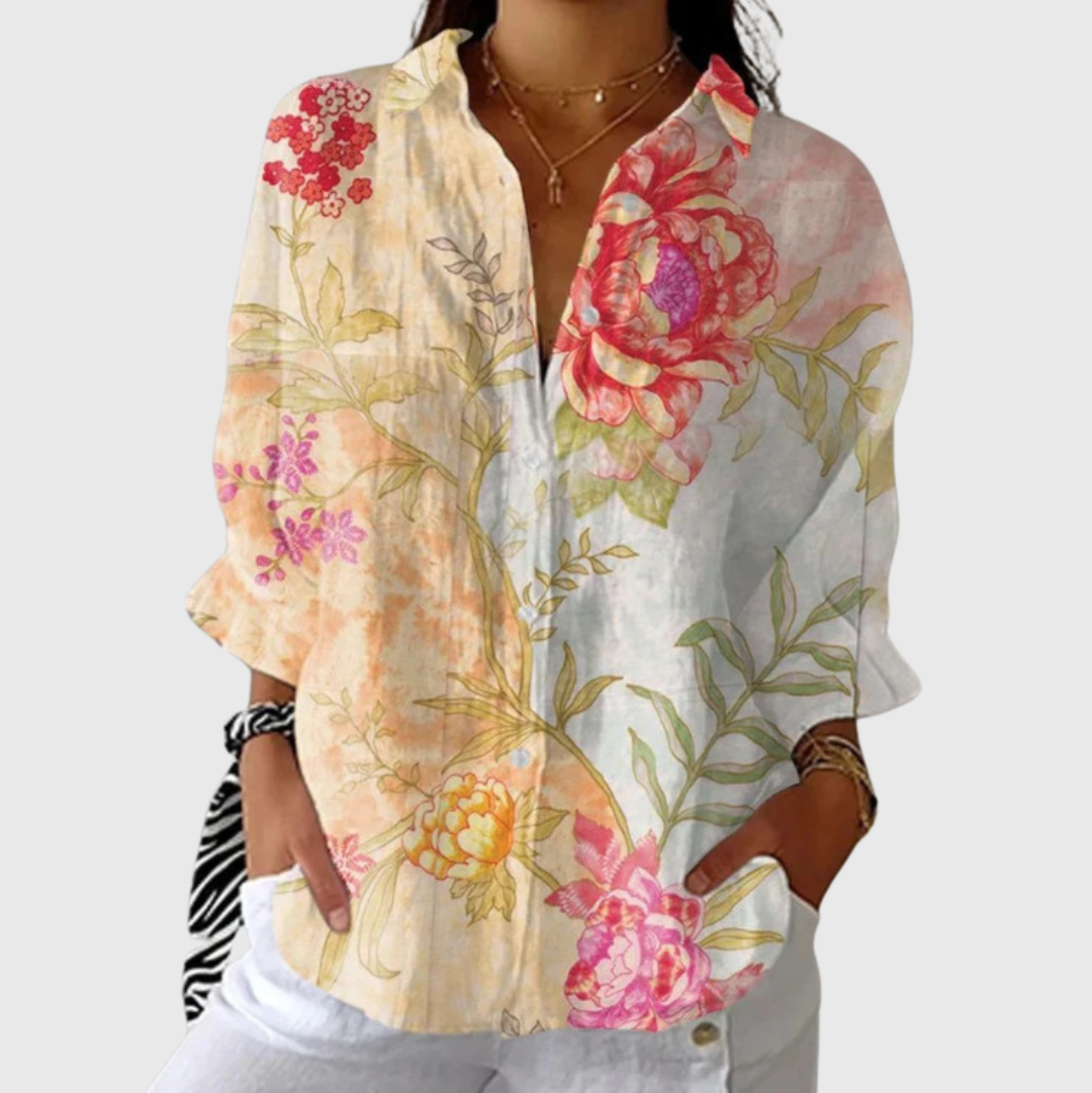 Blusa leggera multicolore con stampa floreale, maniche lunghe e colletto abbottonato