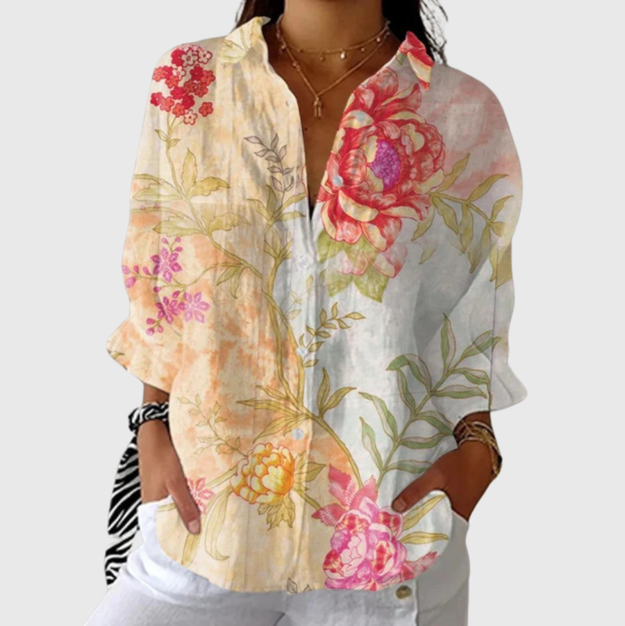 Blusa leggera multicolore con stampa floreale, maniche lunghe e colletto abbottonato
