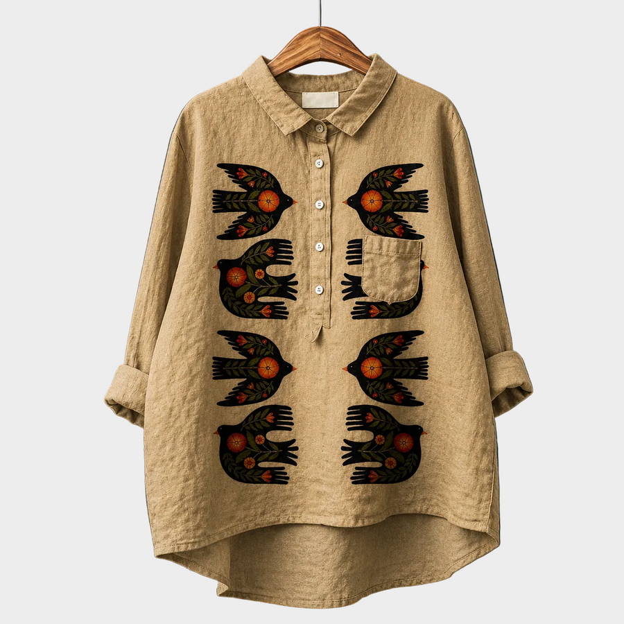 Blusa estiva in lino beige con bottoni, colletto e ricami multicolore sul petto