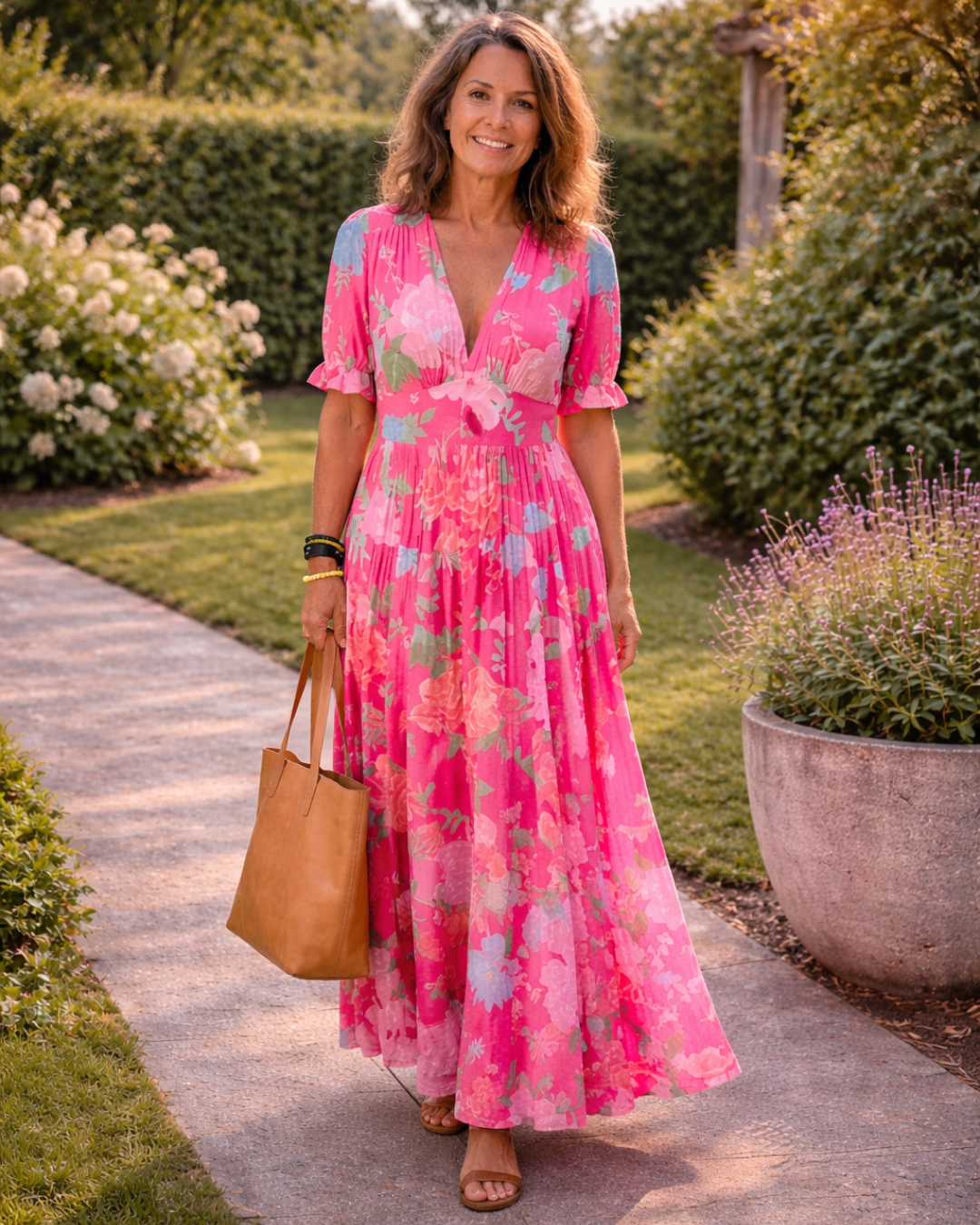 Abito lungo rosa con scollo a V, maniche corte, stampa floreale e vita arricciata.