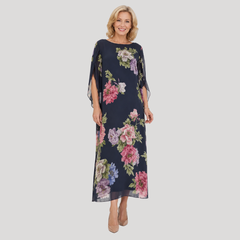 Midnight Bloom maxi dress in dark blue with large pink, lavender floral print, flowy sleeves
