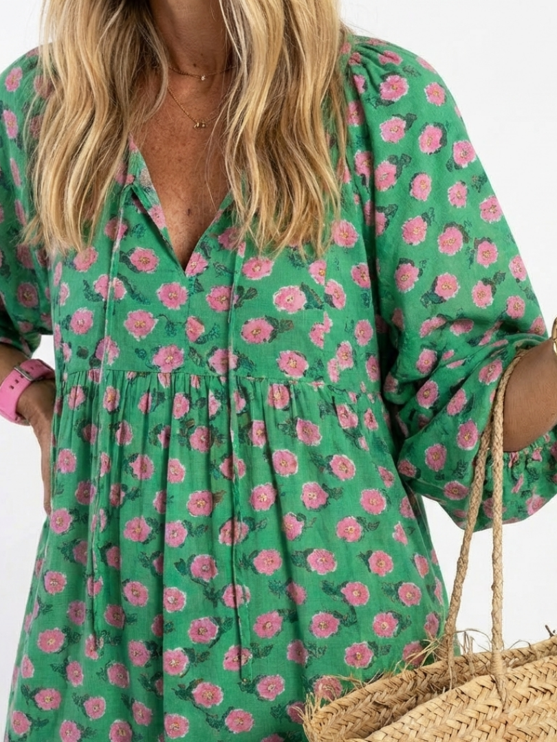 Dark green floral print V-neck tiered midi dress with gathered waist and puff sleeves