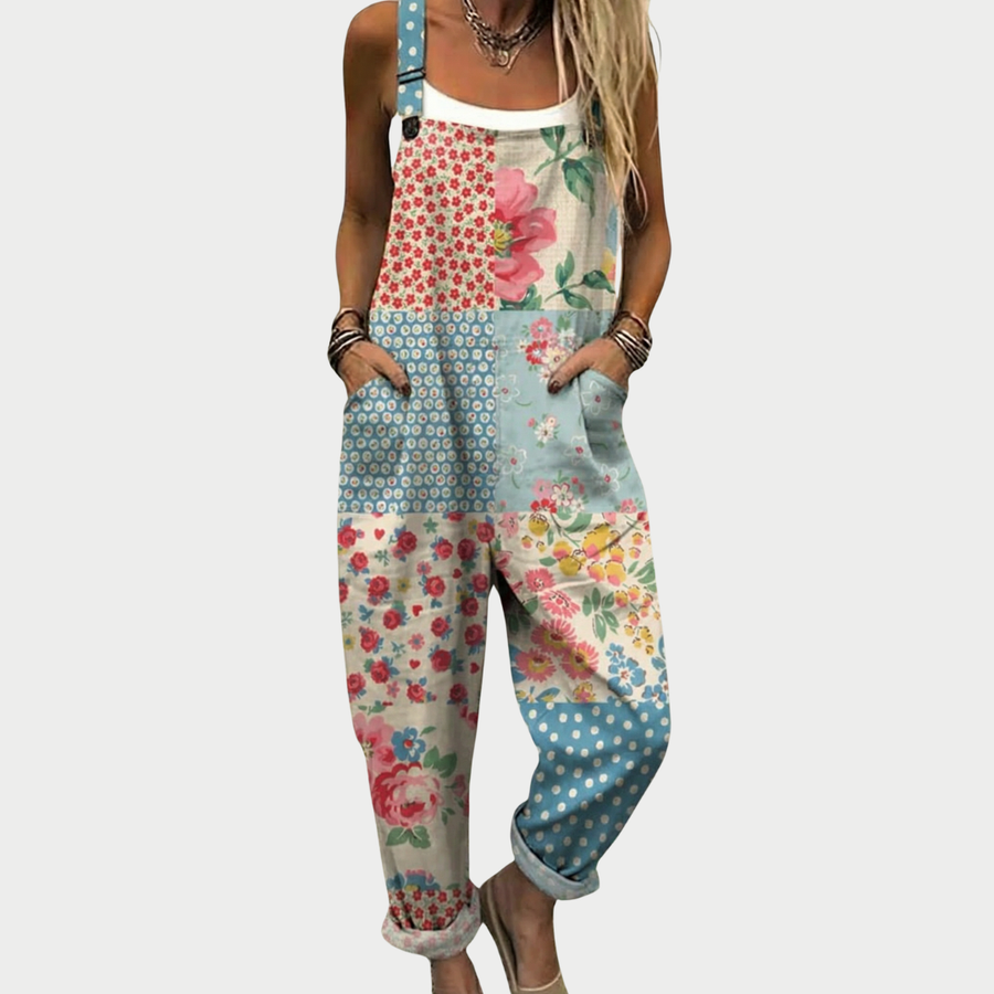 Multicolored floral printed overalls with adjustable straps and front bib pocket