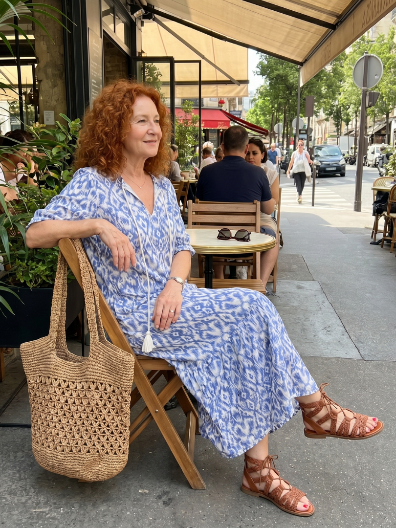 Blue printed midi dress with tassel tie neck, short sleeves, seated outdoor view