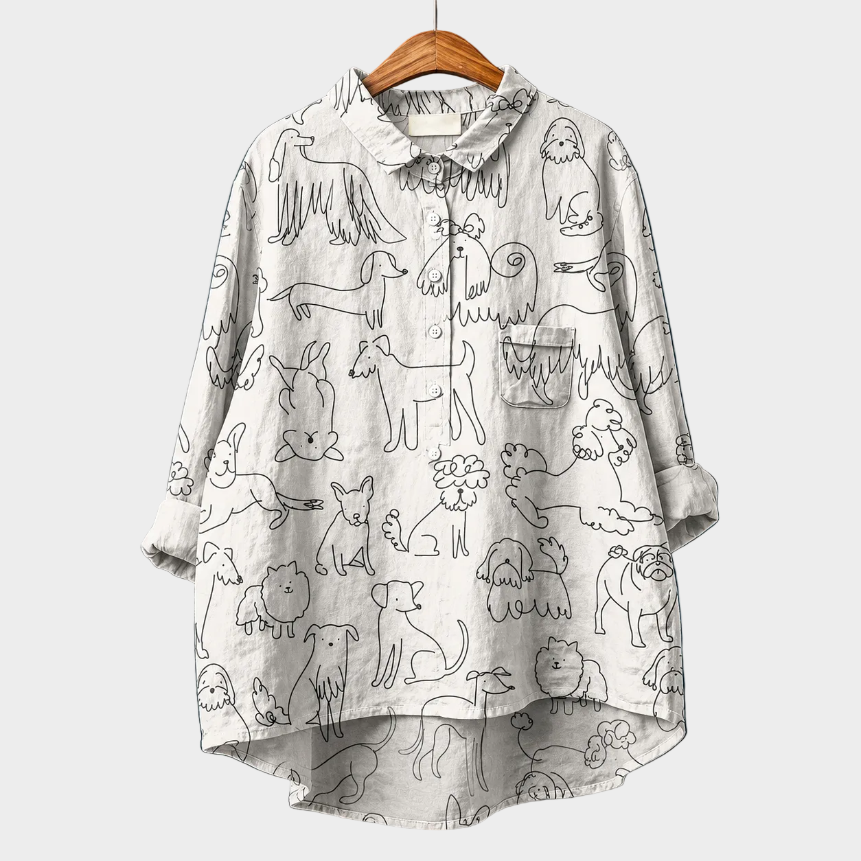 Blusa estiva bianca con stampa animali grigia, colletto arricciato e maniche lunghe