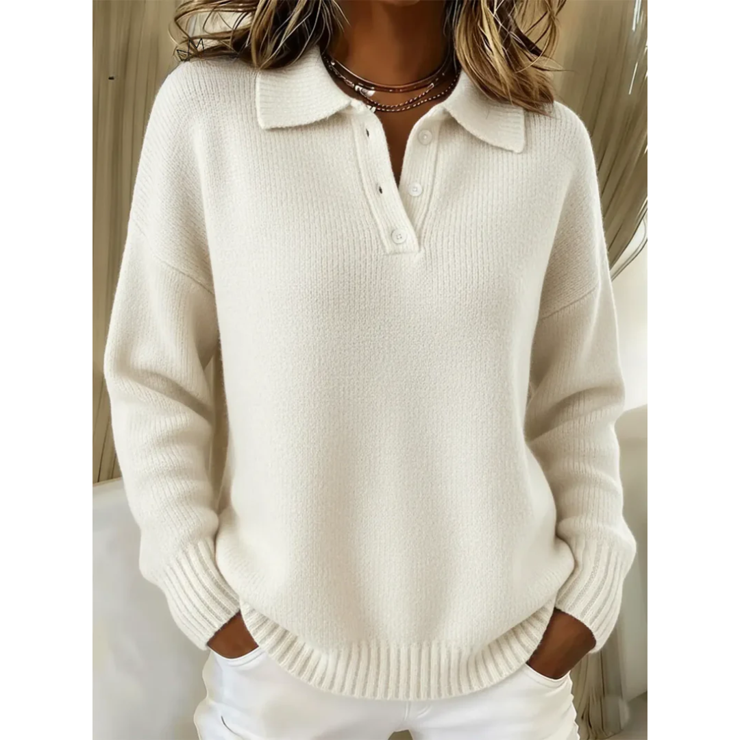 Cozy comfort jumper in white knit, button-front henley with thick ribbed hem