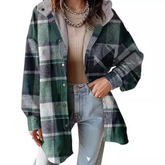 Relaxed-fit hooded plaid jacket in dark green and black with button front