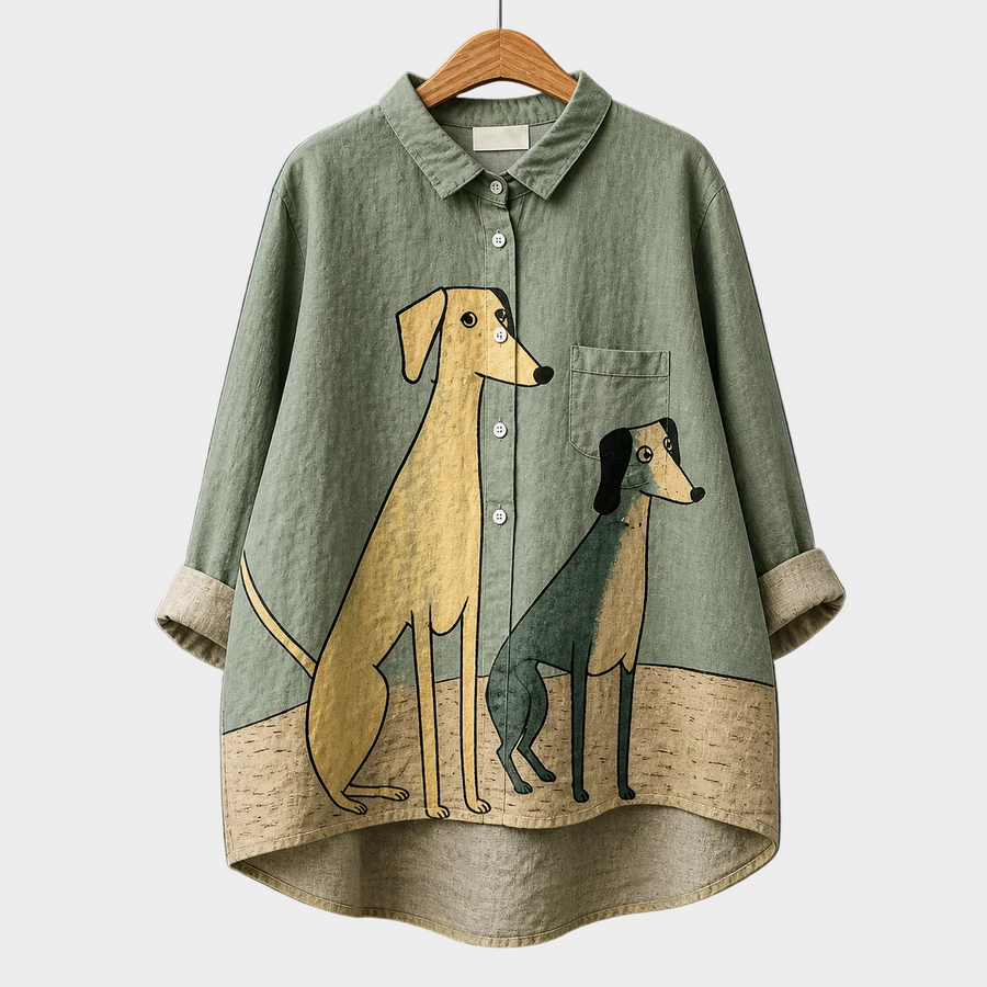Blusa estiva verde con stampa di due cani gialli e beige, bottoni frontali