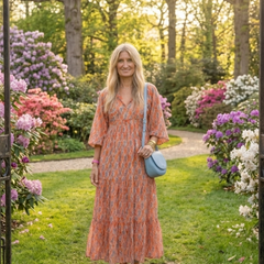 Geometric print V-neck tiered midi dress, orange with blue geometric motif, full front view