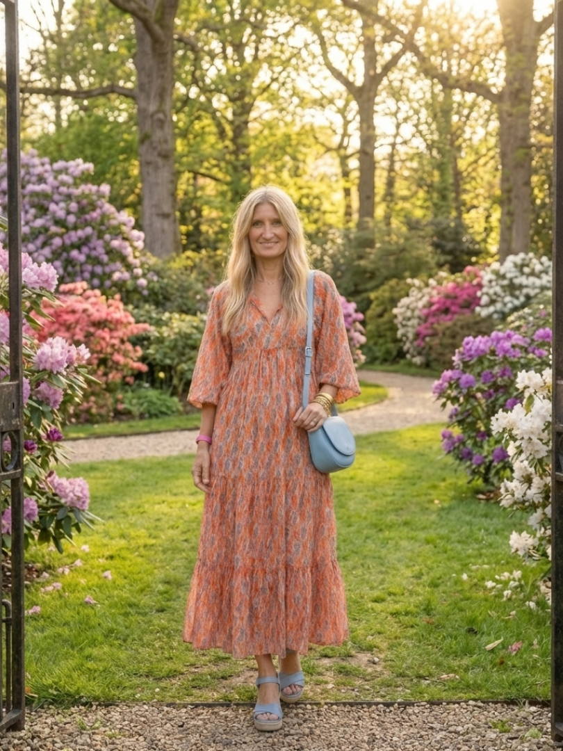 Geometric print V-neck tiered midi dress, orange with blue geometric motif, full front view
