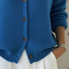 Women’s blue button-collar cardigan detail view with button placket and ribbed hem