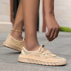Scarpe comfort traspiranti beige con lacci e mesh traforata, suola ammortizzata