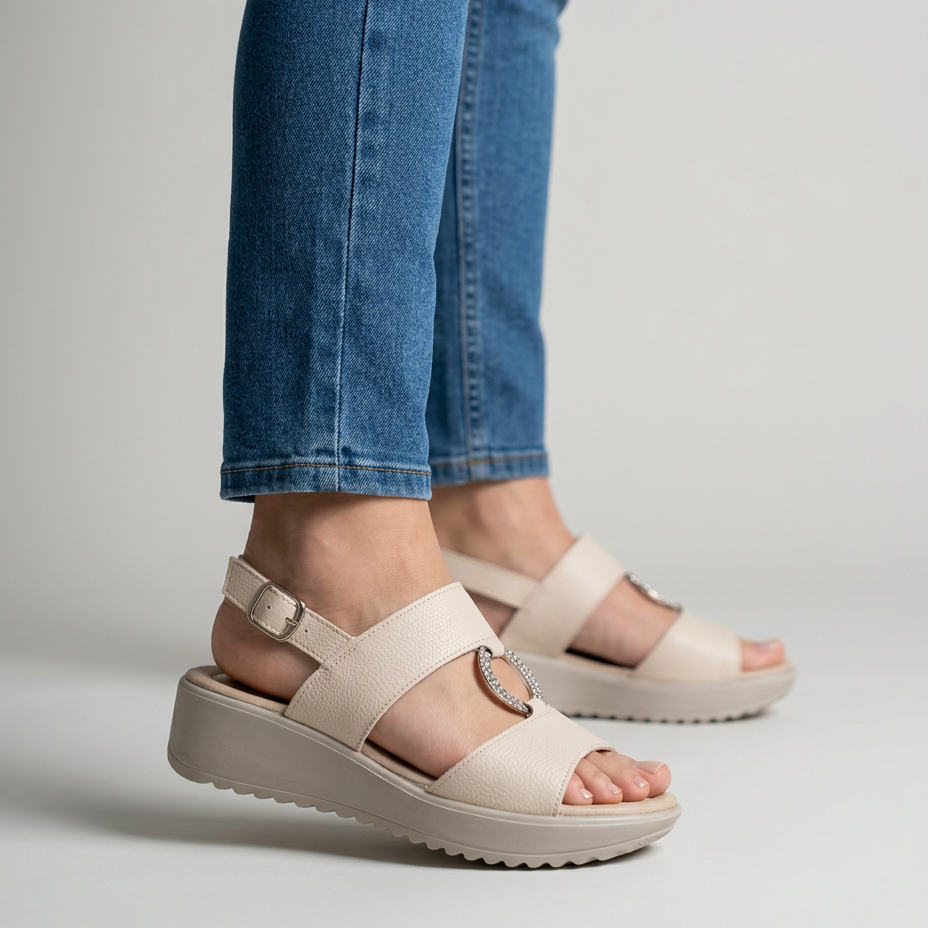 Sandali comodi donna beige chiaro, cinturino con fibbia, dettagli ad anello lucido