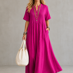 Nathalia™ pleated maxi dress, short sleeves, V-neck, magenta