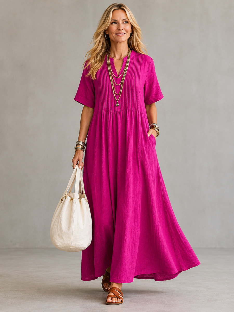 Nathalia™ pleated maxi dress, short sleeves, V-neck, magenta
