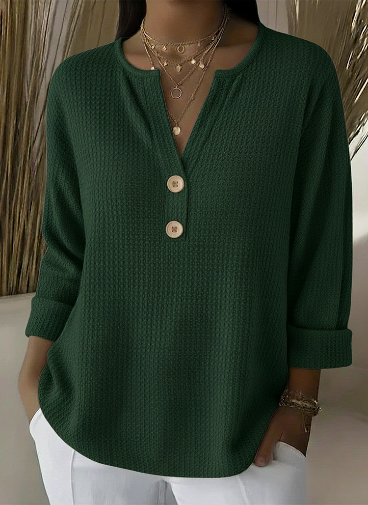 Green henley button top, waffle-knit long sleeve with V-neck and three buttons