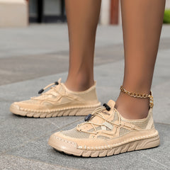 Scarpe comfort traspiranti crema in mesh con lacci e suola spessa