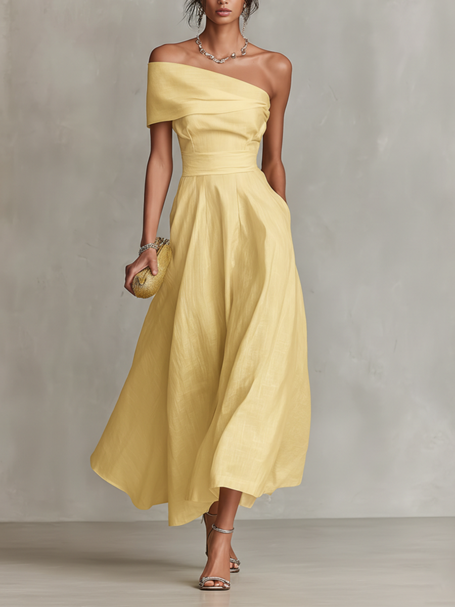 Yellow One-Shoulder Midi Dress