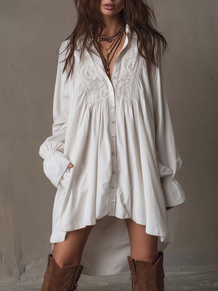 White lace mini shirt dress with embroidered yoke, button front, long sleeves