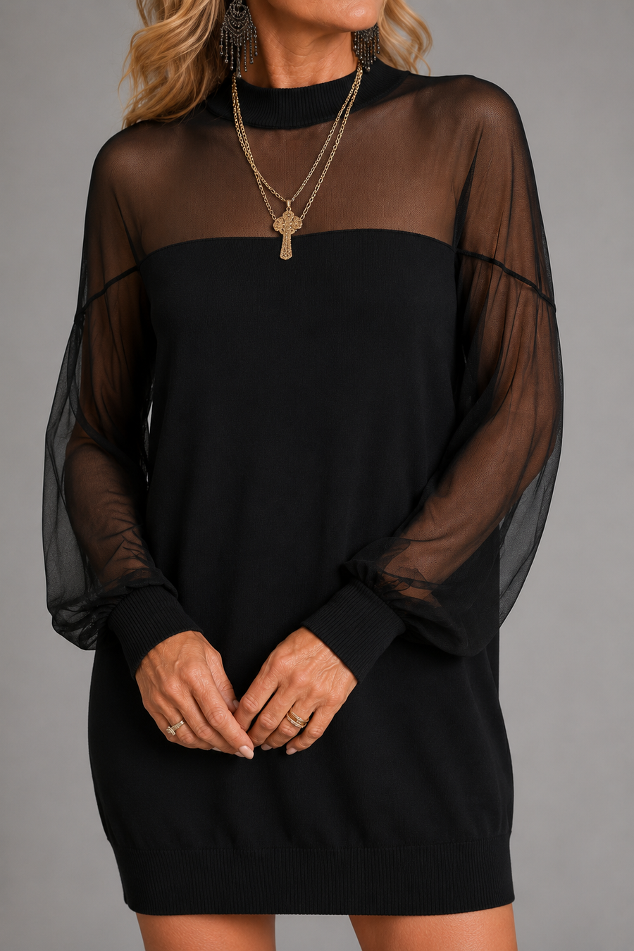 Amélie™ black mesh-sleeve mini dress with sheer long sleeves