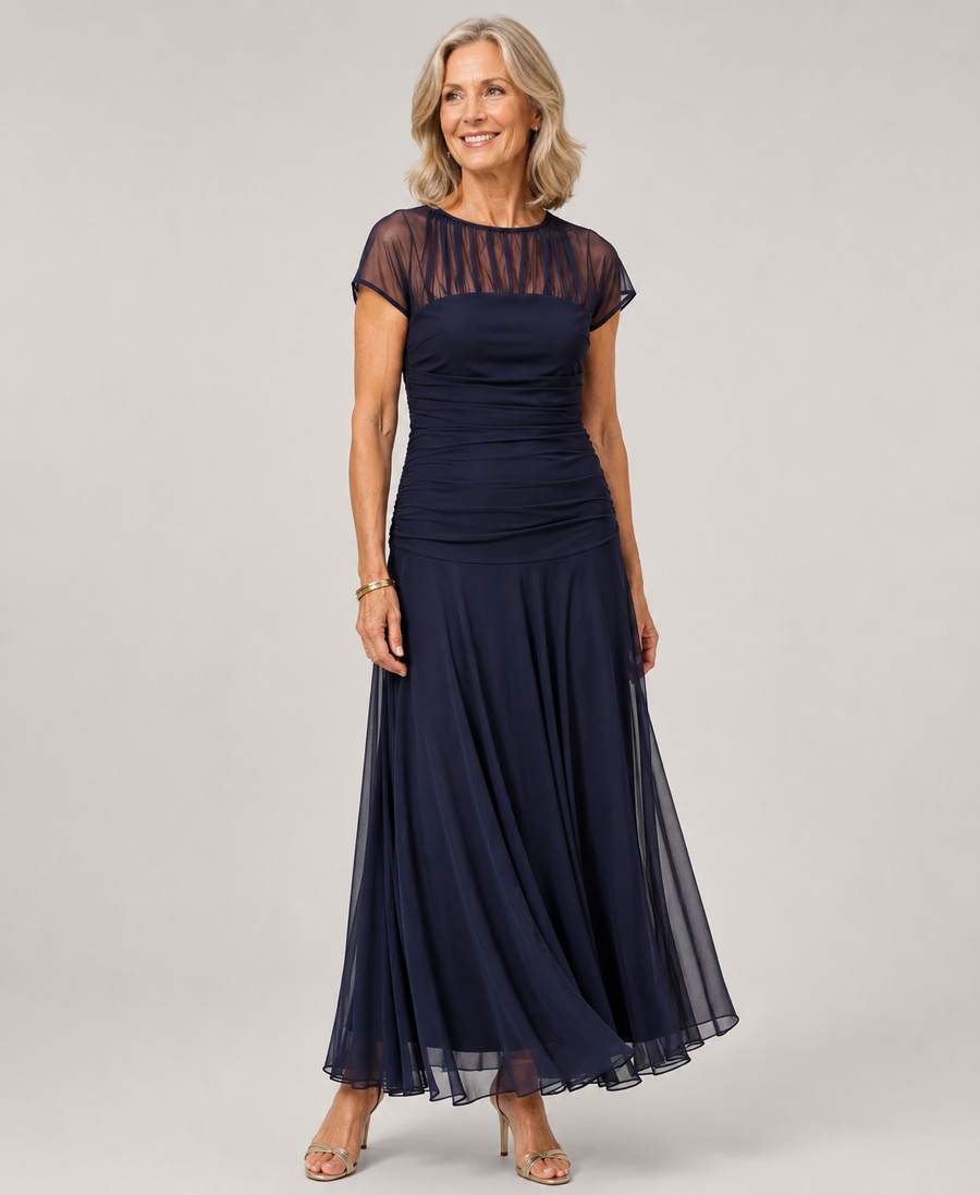 Navy chiffon maxi dress with ruched bodice and sheer short sleeves