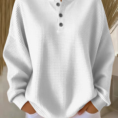 White waffle henley sweatshirt with buttoned neckline and long sleeves