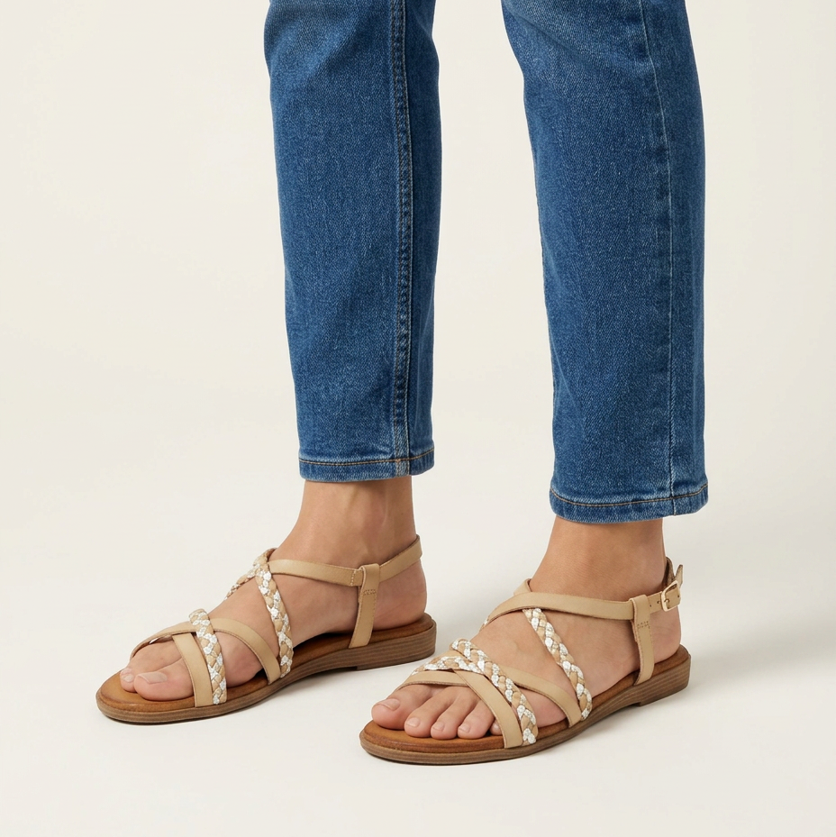 Sandali flat donna beige con cinturino regolabile e intreccio bicolore