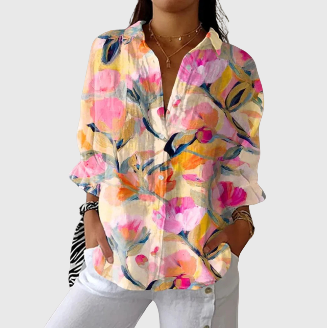 Blusa leggera a fantasia floreale colorata, scollo a V e maniche lunghe