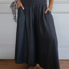 Grey relaxed-fit trousers with elastic waistband and wide, draped legs