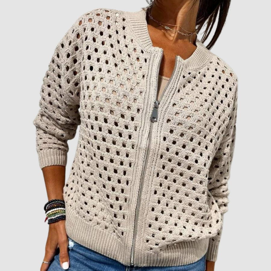 Beige knitted cardigan with zip front and openwork dot pattern