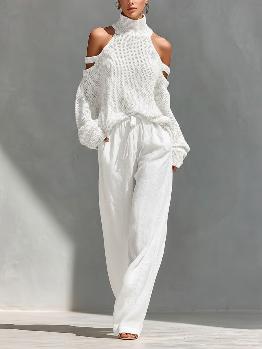Camilla fashionable set: white sleeveless turtleneck knit with cold-shoulder and wide-leg pants