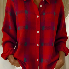Red plaid knit cardigan with button front, collared V-neck, long sleeves