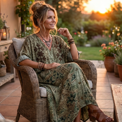Green embroidered midi dress, seated view, short sleeves with button-front closure