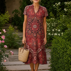 Abito midi floreale Giulia rosso con motivo paisley e maniche corte