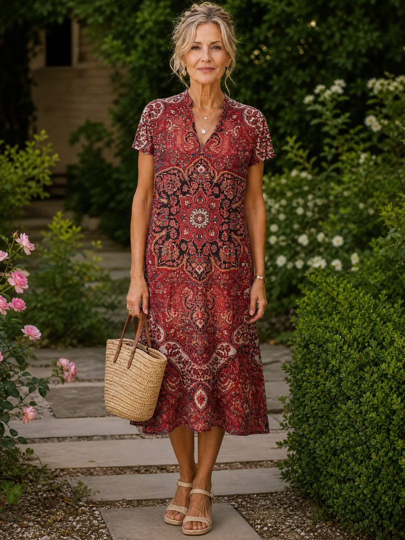 Abito midi floreale Giulia rosso con motivo paisley e maniche corte