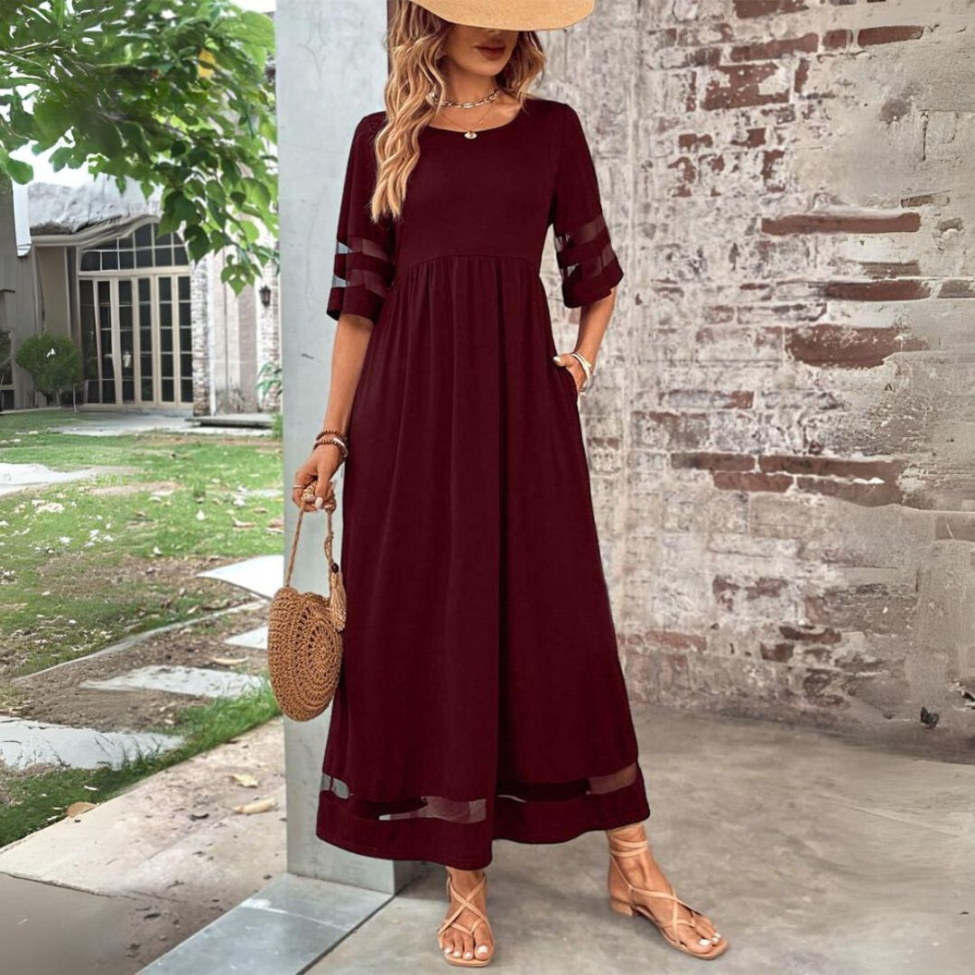 Red midi dress with gathered waist, sheer stripe sleeves, and sheer hem panel