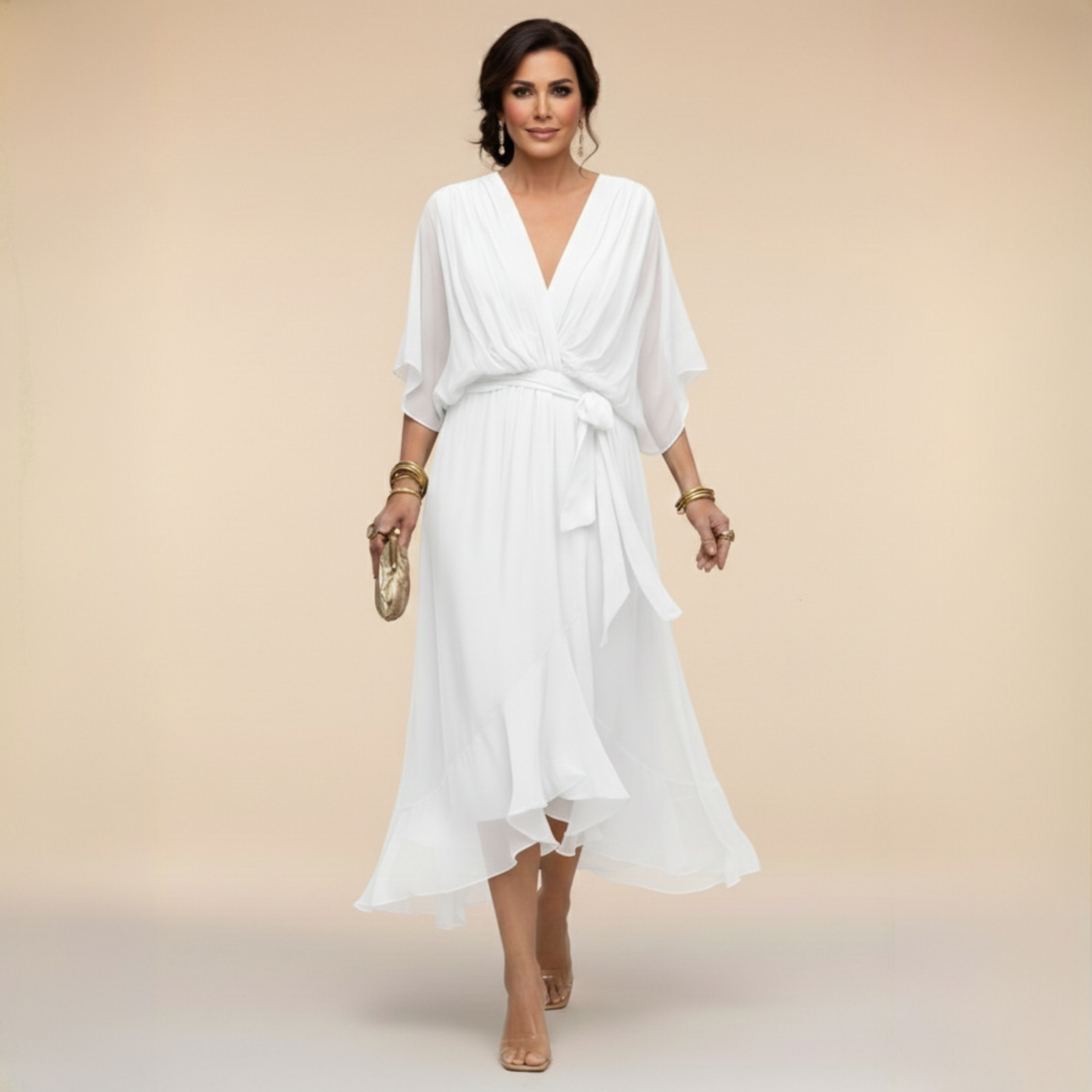 White V-neck tie-waist midi dress with draped flutter sleeves and flowing chiffon skirt