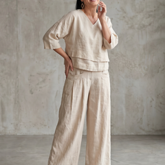 Beige layered V-neck top with wide-leg pants set, elbow-length sleeves