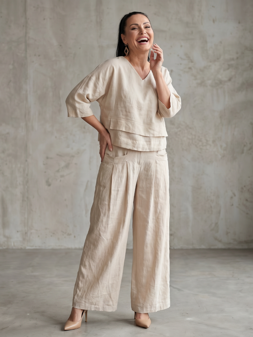 Beige layered V-neck top with wide-leg pants set, elbow-length sleeves