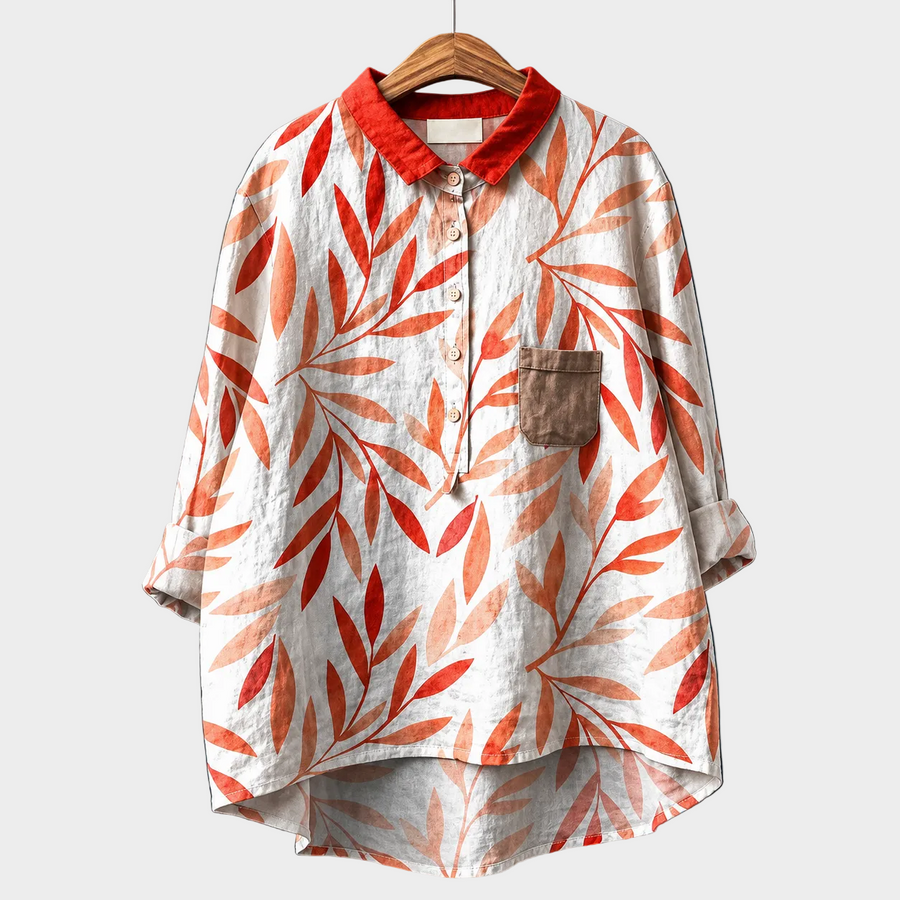 Blusa estiva leggera con colletto e bottoni, maniche lunghe, fantasia foglie arancio su bianco