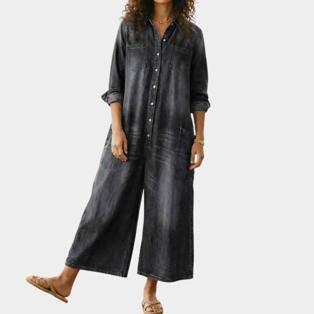 Washed black denim button-through dress with collar, long sleeves, and front patch pockets