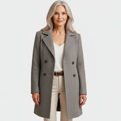Gray long coat with notched lapels and button front