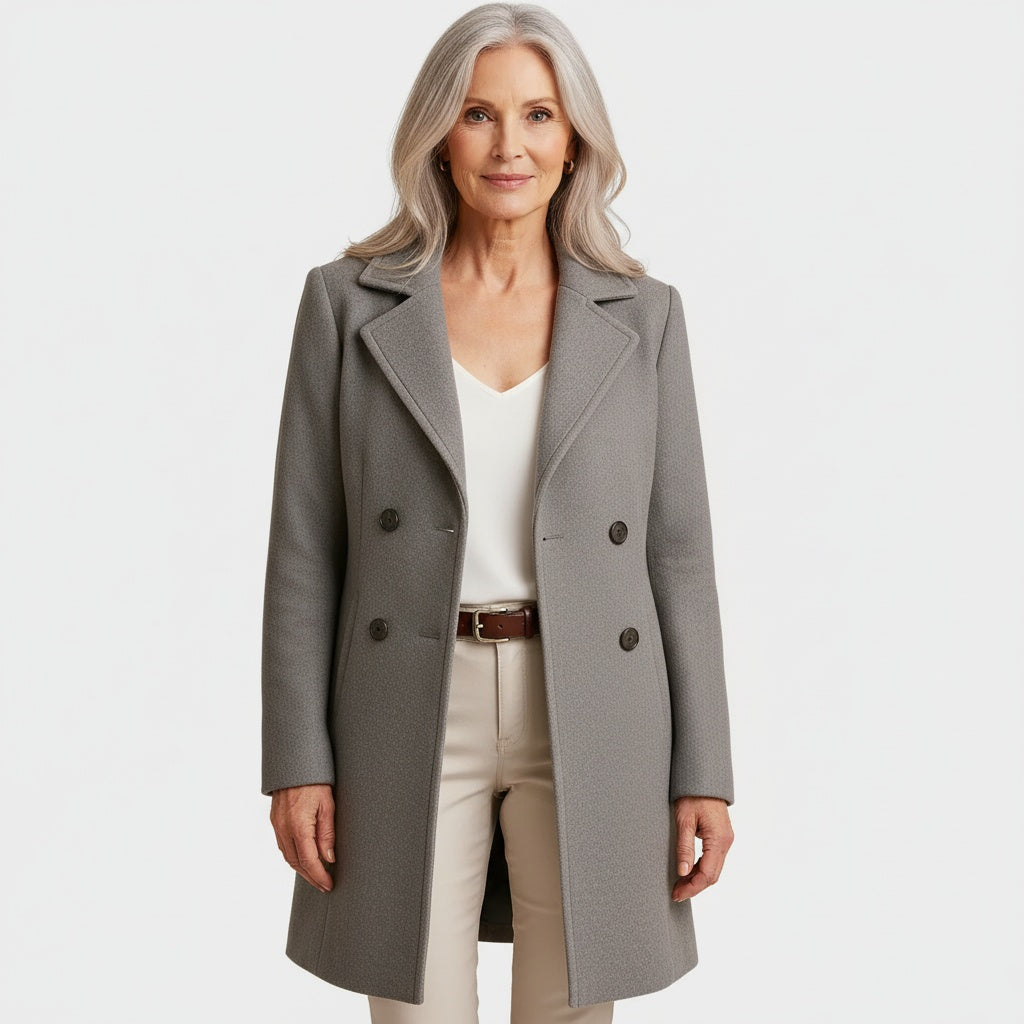 Gray long coat with notched lapels and button front