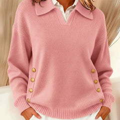 VYNETTE v-neck knit sweater with collar, gold button placket sleeves, pink