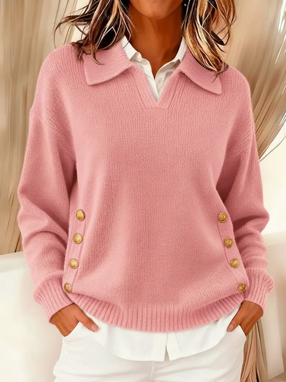 VYNETTE v-neck knit sweater with collar, gold button placket sleeves, pink