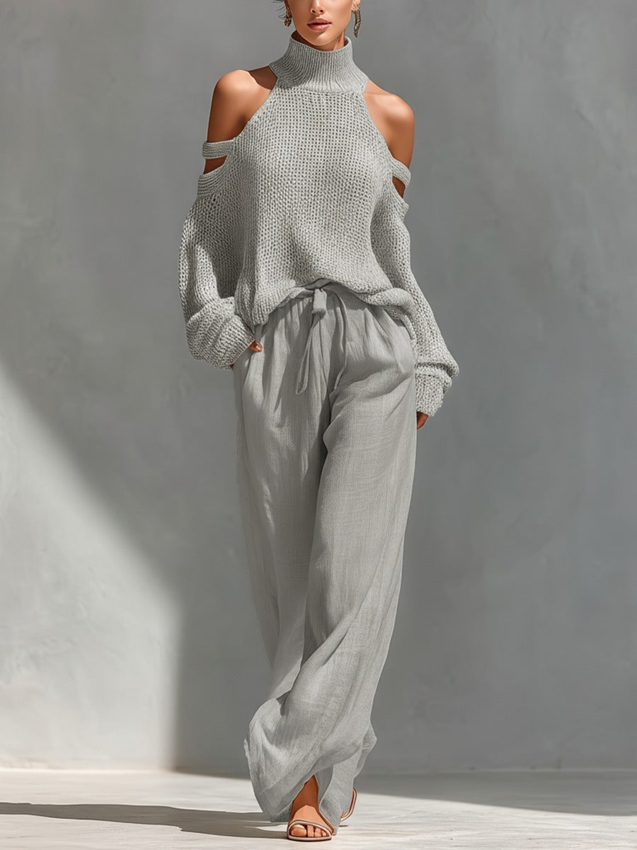 Camilla fashionable set: gray sleeveless turtleneck knit with cold-shoulder and wide-leg pants